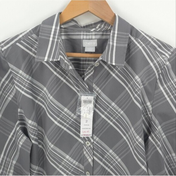 Chicos Plaid Poplin Button Down Top Womens 12 Billow Sleeves Gray Career Office - Picture 4 of 13